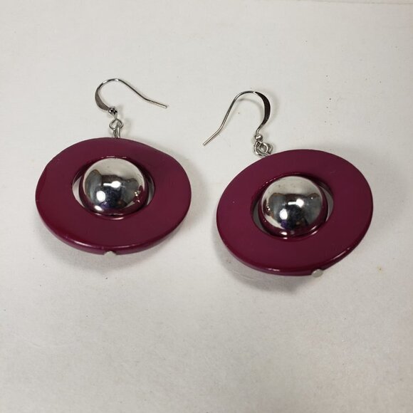 Polished Silver tone Bead Burgundy Purple Hoop Teardrop Earrings for Women - Picture 5 of 6